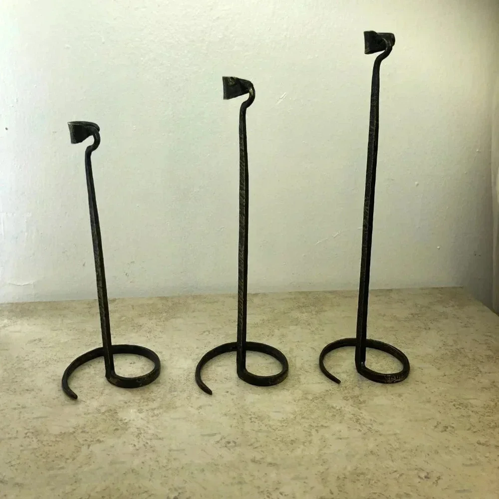 Blackened brass candle hand hewn holders rustic hammered patina set 15